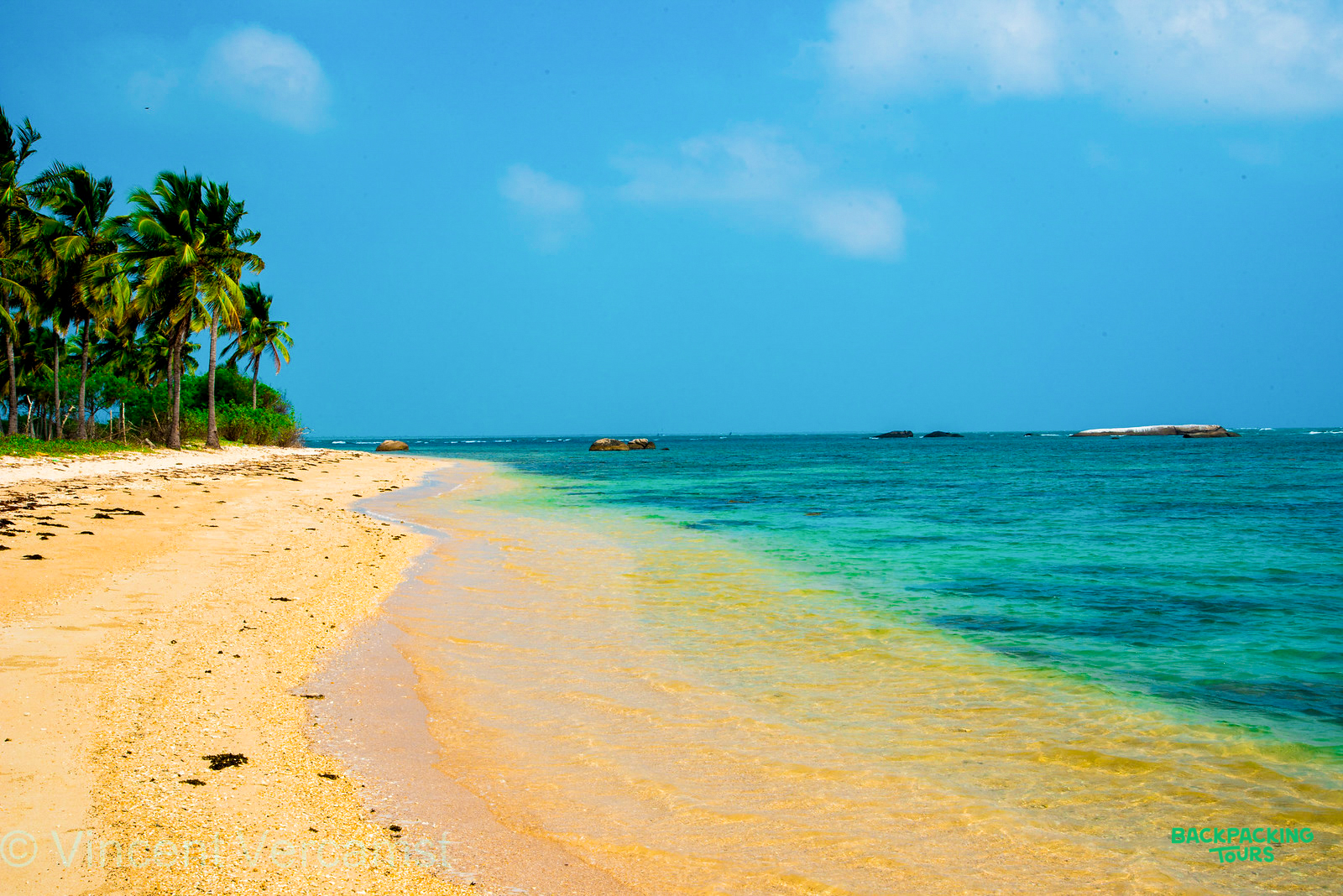 A beautiful golden sand beach with clear turquoise water and palm trees in Sri Lanka.
