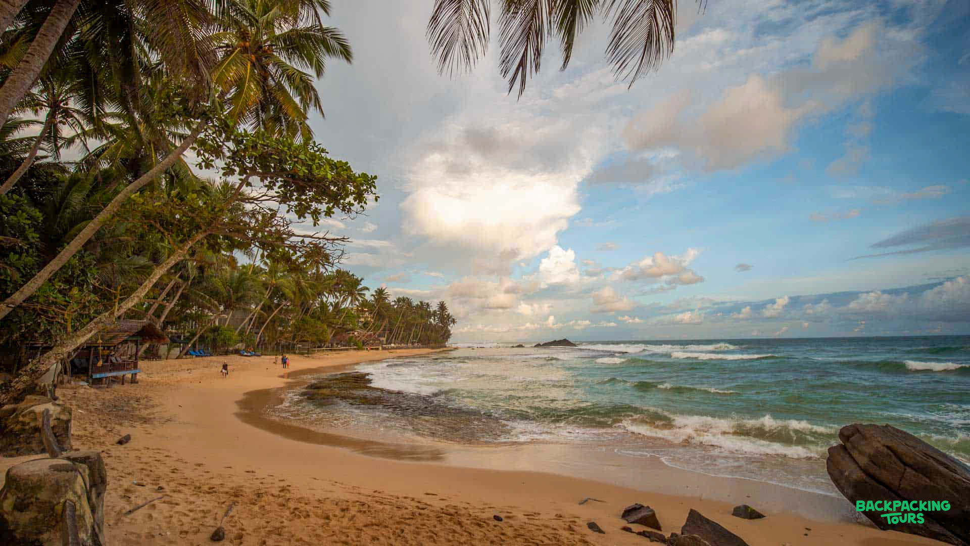 Idyllic Weligama Beach in Sri Lanka with golden sand, lush palm trees, and ocean waves.
