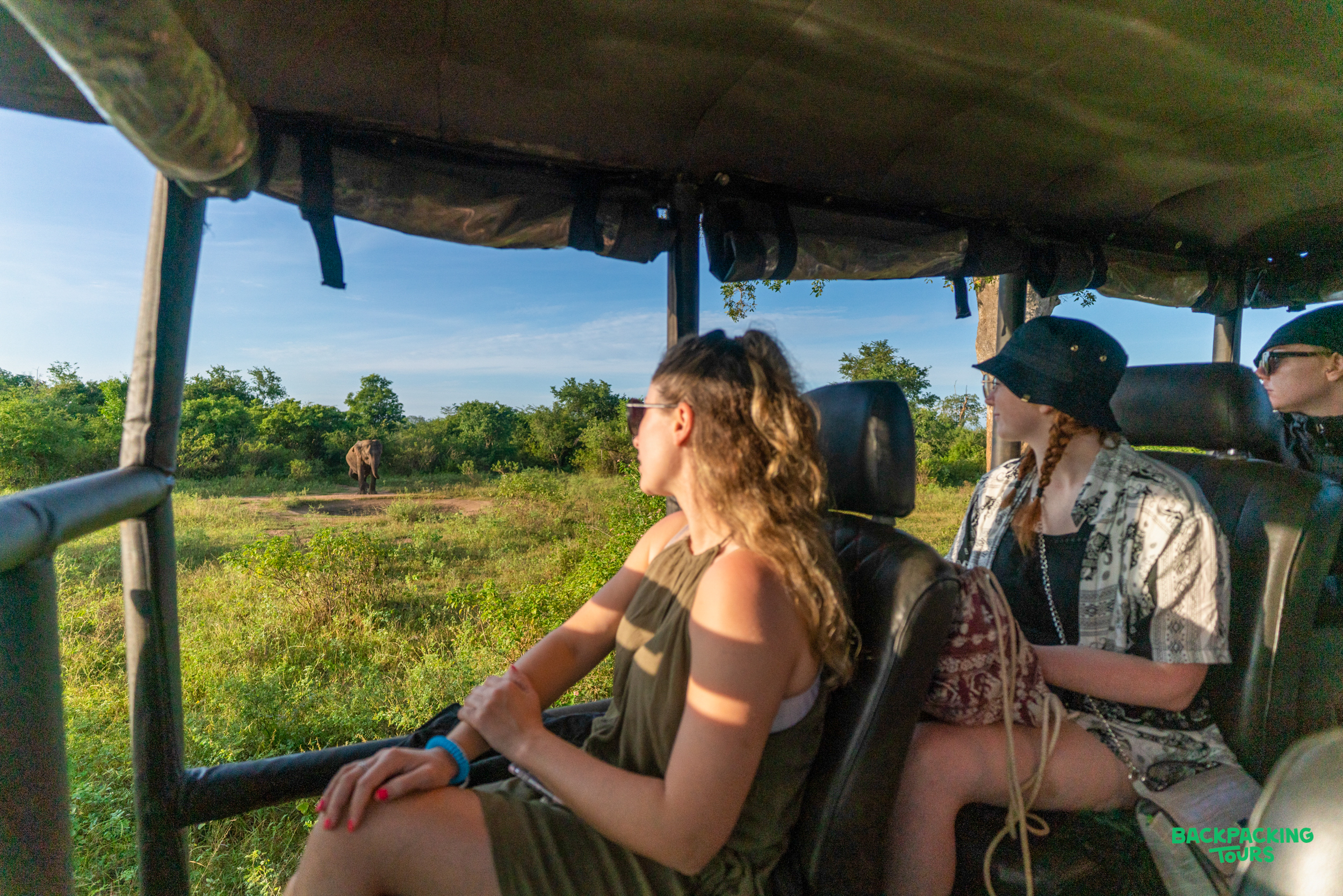 Travelers on a safari jeep in Udawalawe National Park, Sri Lanka, observing a wild elephant.