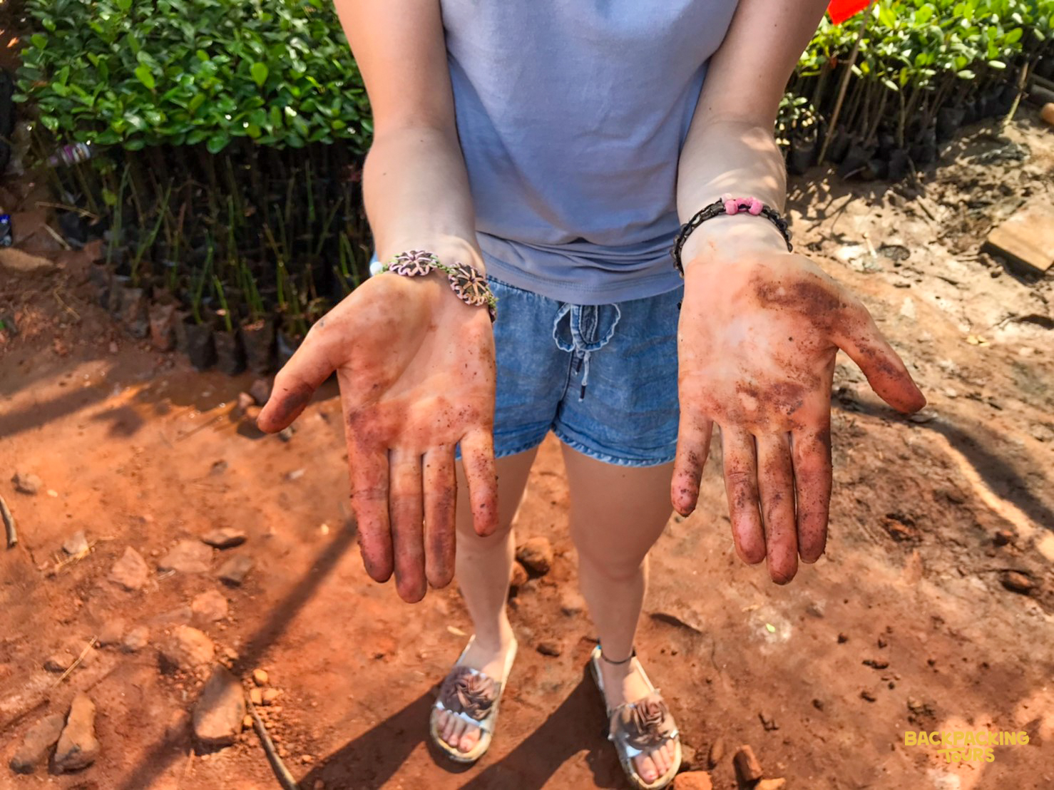 Hands covered in red soil after a day of planting seedlings for environmental conservation.