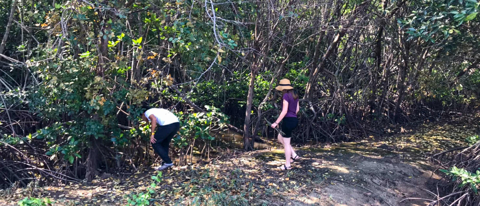 Two volunteers clean up debris among dense green foliage in Pranburi, Thailand.