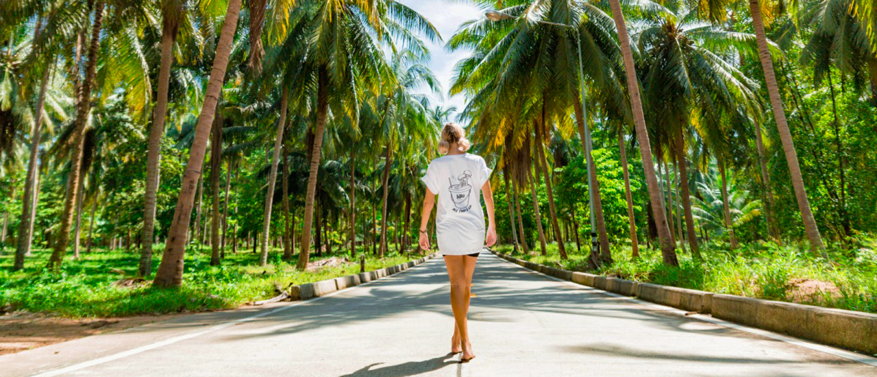 A person walks down a sunny road lined with towering palm trees on Koh Phangan.