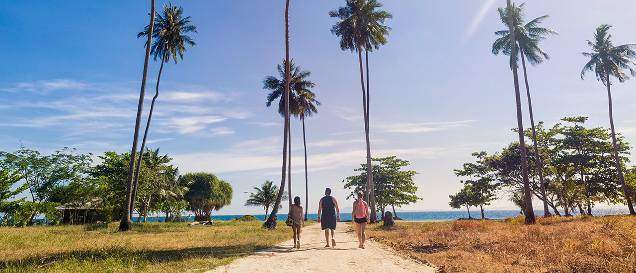 Three people walk a dirt path lined with tall palm trees towards the ocean on Koh Phi Phi.