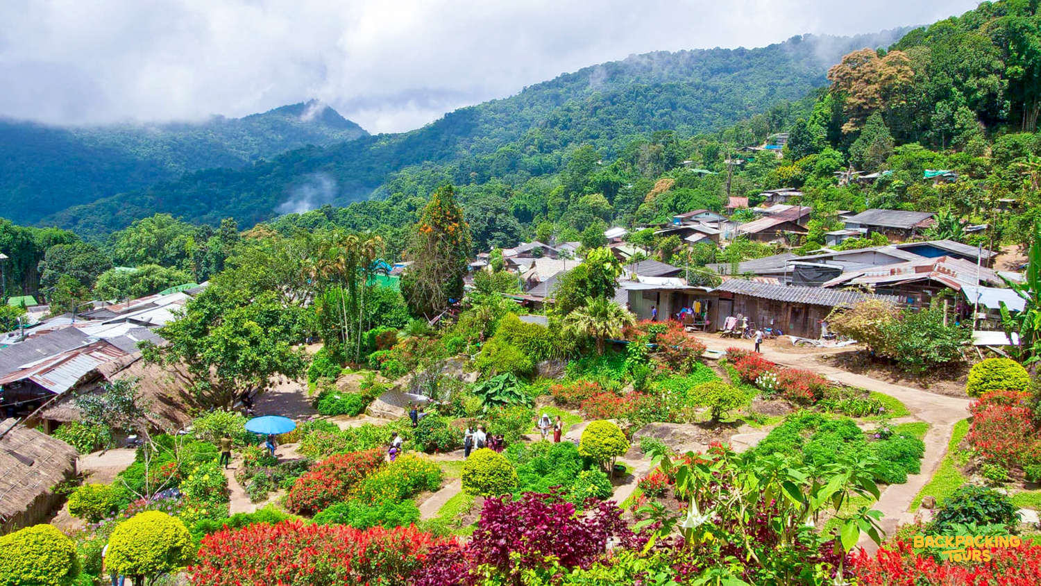 A vibrant Hmong hillside village in Chiang Mai, Thailand, with colorful gardens and traditional homes.
