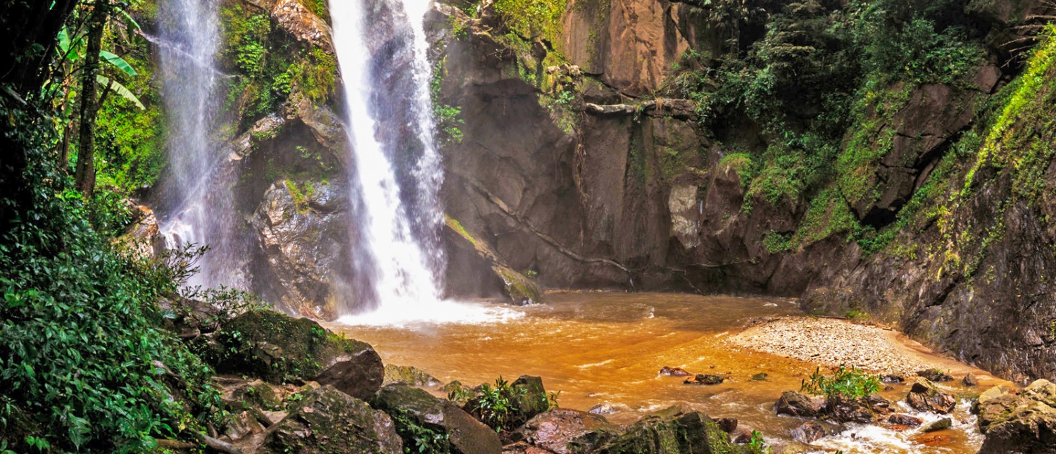 Water cascades down a rocky cliff into a brown pool, surrounded by dense green jungle in Chiang Mai.