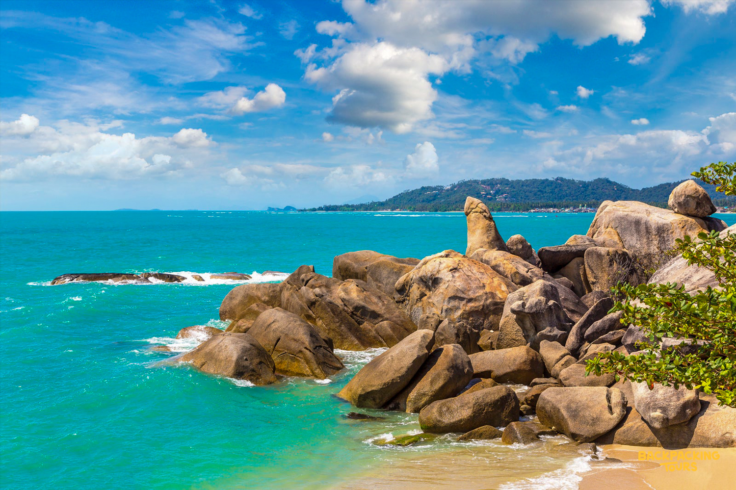 The iconic Hin Ta and Hin Yai Rocks stand proudly amidst the turquoise waters of Koh Samui.