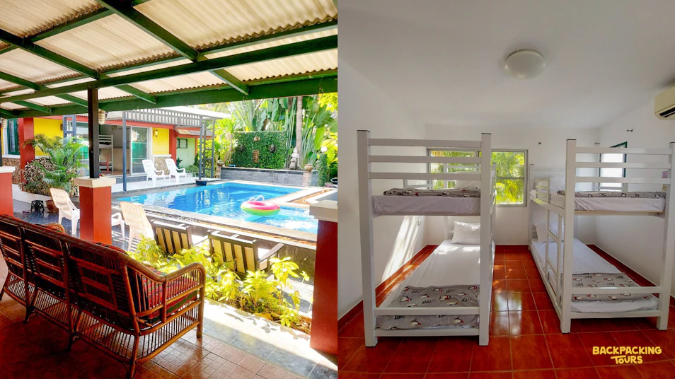 A vibrant hostel in Thailand with a refreshing swimming pool and a clean, bright dorm room.